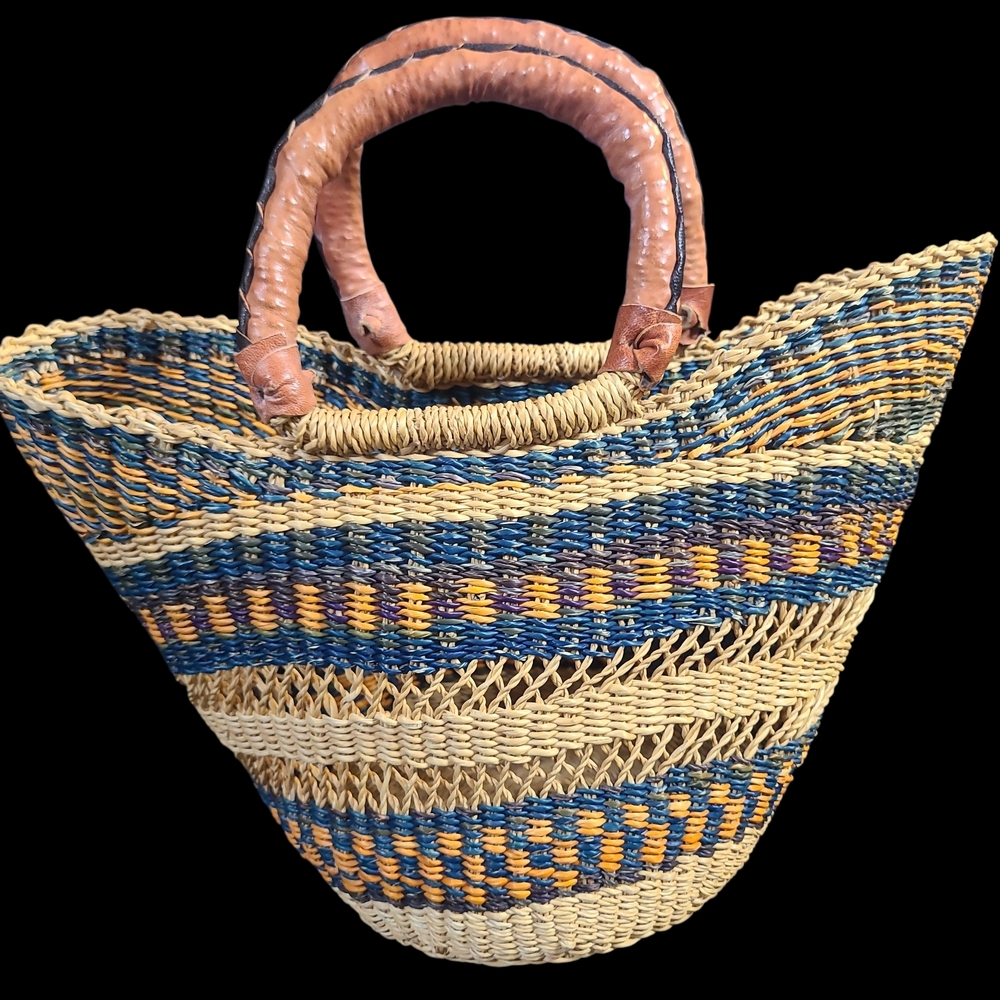 Hand Crafted Blue, Yellow & Natural Woven Straw Tote with Leather Handles